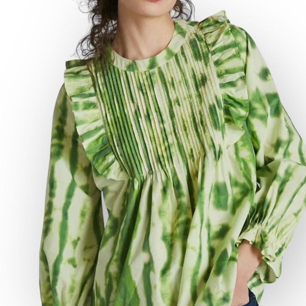 NWT Anthropologie Samant Chauhan Emilia Ruffled Tie Dyed Green Top Medium
